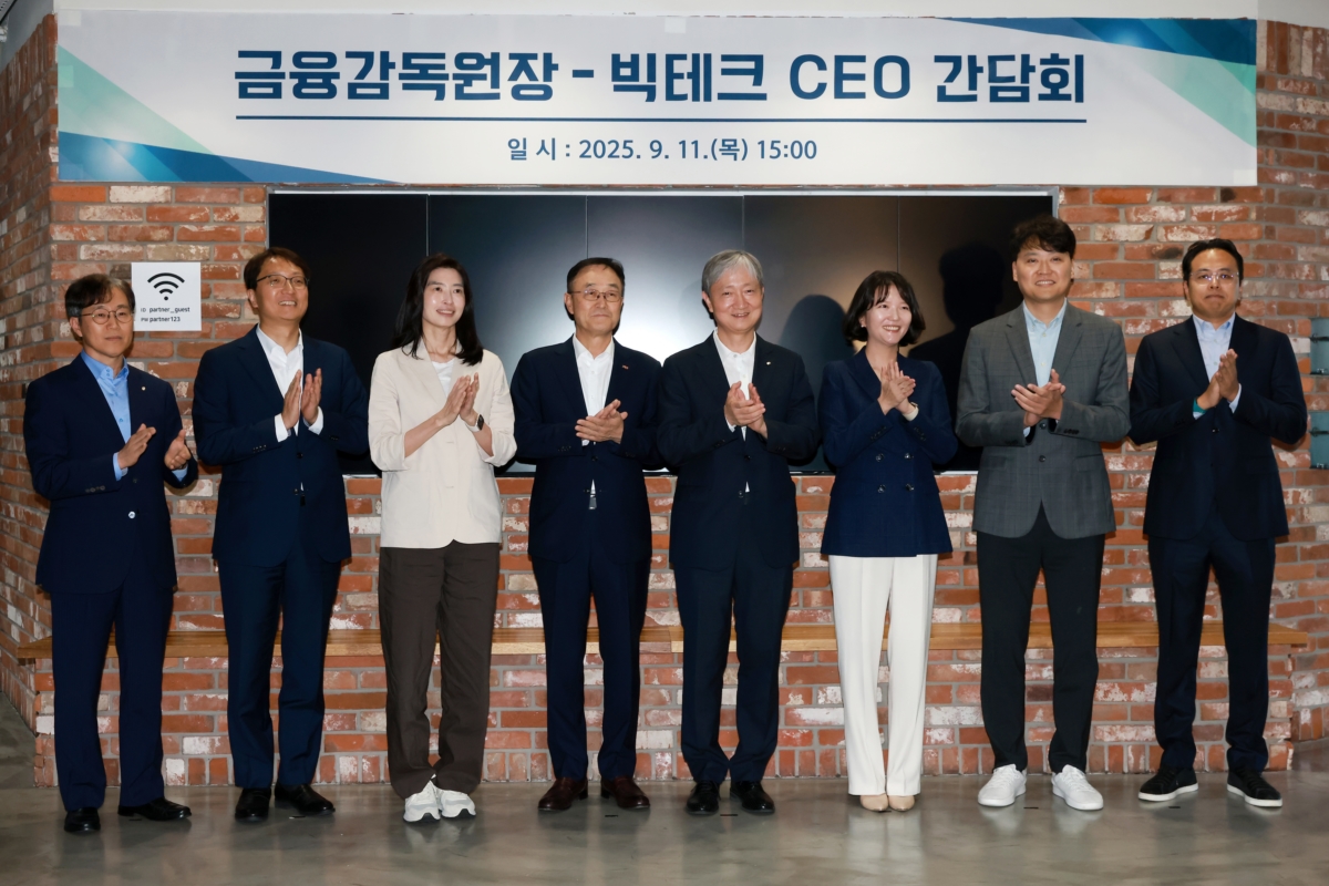 (왼쪽부터) 이종오 금융감독원 디지털IT 부원장보, 박대준 쿠팡 대표, 정신아 카카오 대표, 송치영 소상공인연합회장, 이찬진 금융감독원장, 최수연 네이버 대표, 이승건 비바리퍼블리카(토스) 대표, 김범석 우아한형제들(배민) 대표. 사진=금융감독원